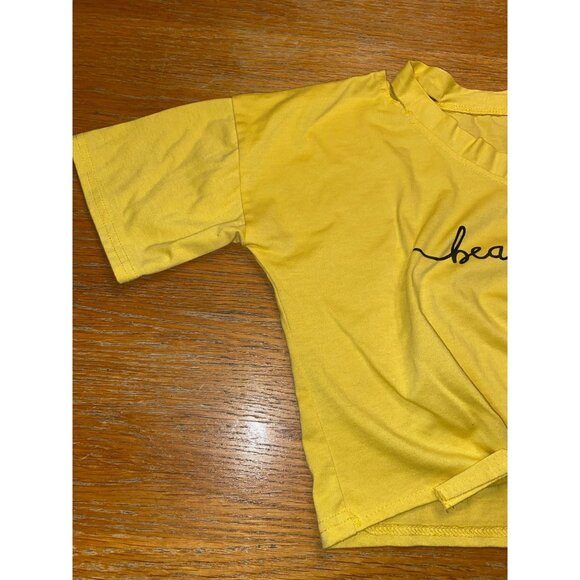 Yellow Crop Top With "Beautiful" Print & Knotted Front - Picture 4 of 5